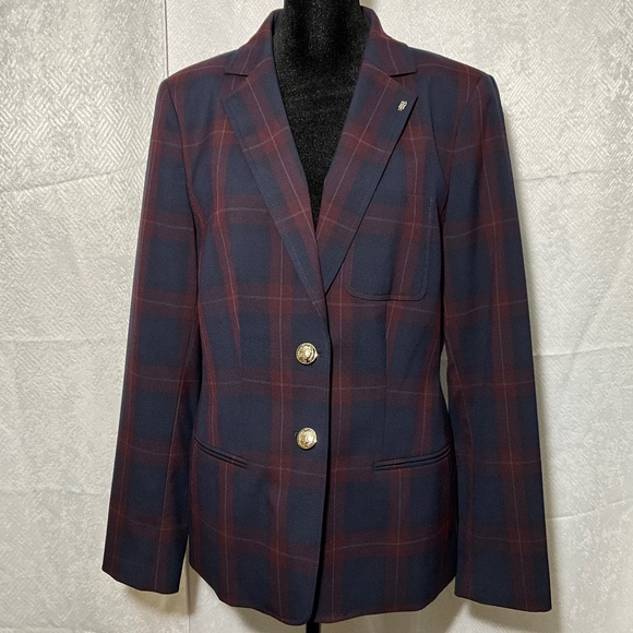 Tommy Hilfiger Women’s Plaid Blazer Navy Burgundy Silver Crest Buttons Sz 10 - Picture 1 of 14